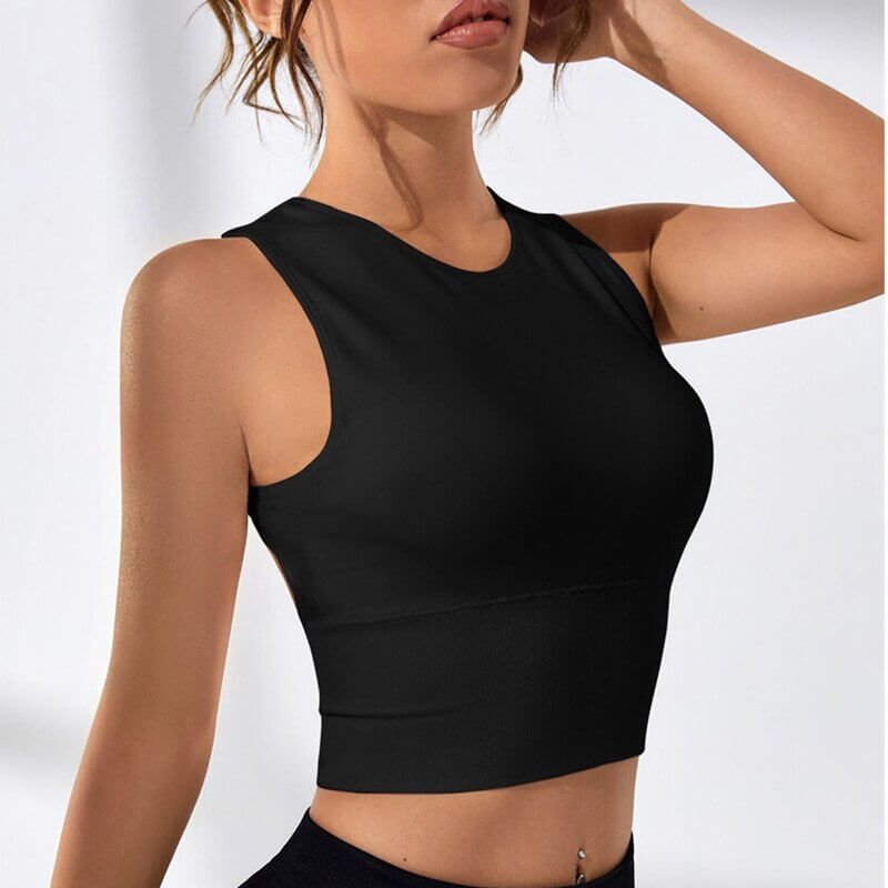 Sports Women's Backless Tank Top for Pilates, Black; breathable, quick-drying spandex blend; perfect for yoga and fitness.